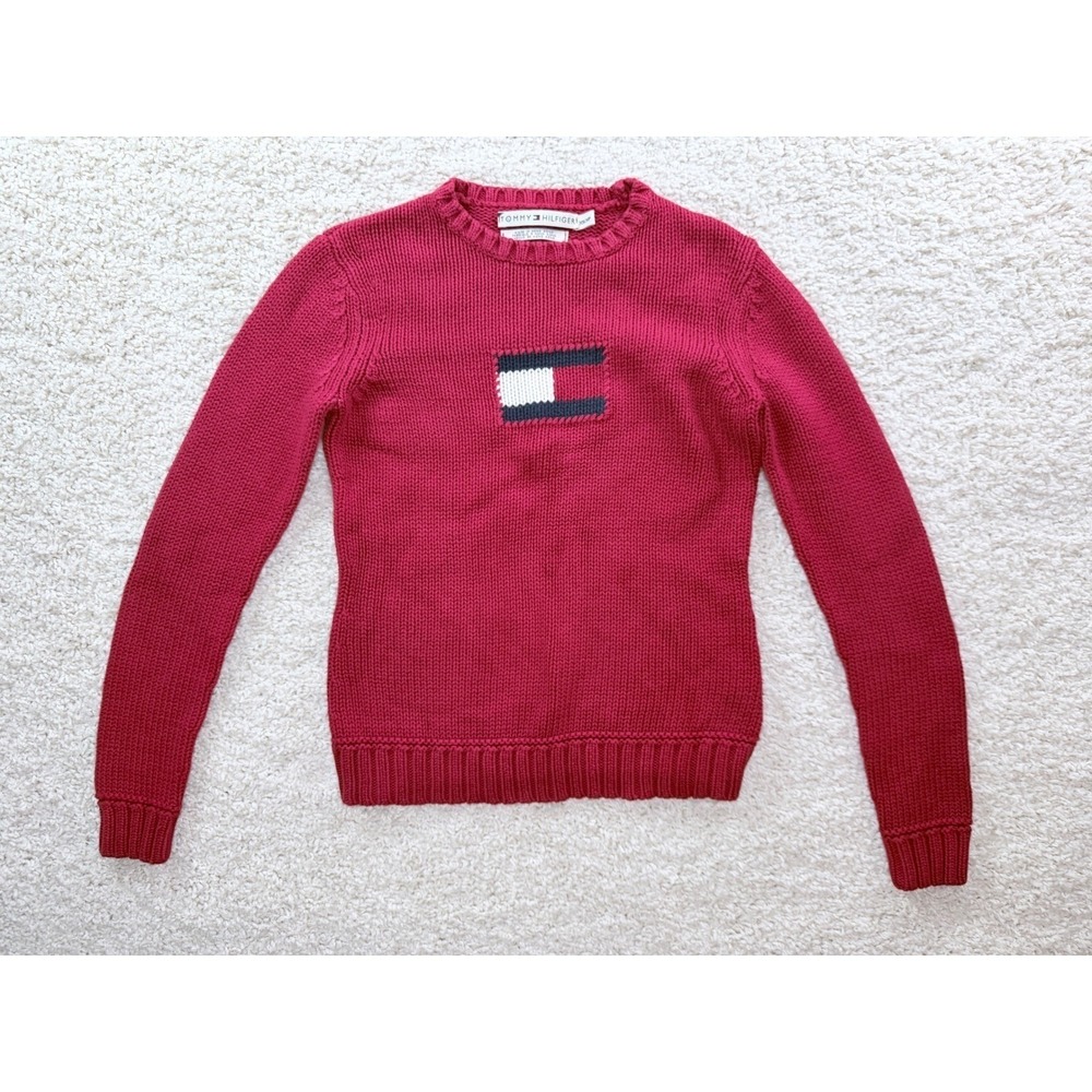 Womens XS Tommy Hilfiger Sweater Red Cotton Chunky Knit Flag Logo Preppy Y2K 90s